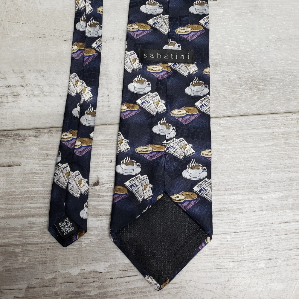 Sabatini Mens All Silk Tie Coffee Newspapers Bagel Life is Good Prints